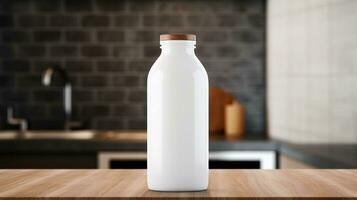 ai gegenereerd wit melk fles met blanco voorkant, realistisch Aan een mockup sjabloon in een houten tafel foto