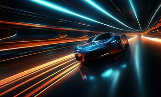 ai gegenereerd een blauw racing auto in een snelweg tunnel foto