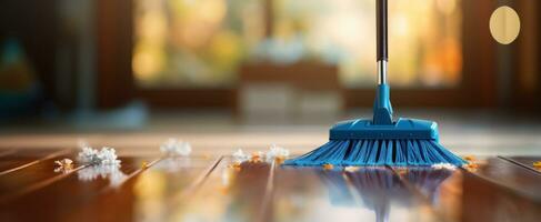 ai gegenereerd blauw ruitenwissers in voorkant van bezem Aan hardhout verdieping in leven kamer foto