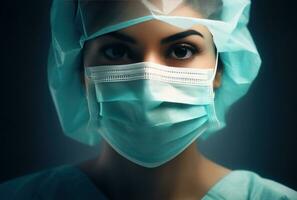 ai gegenereerd een beeld van een verpleegster vervelend een chirurgisch masker en scrubs foto