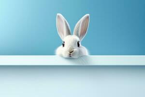 ai gegenereerd Pasen konijn gluren uit van een blauw plank foto