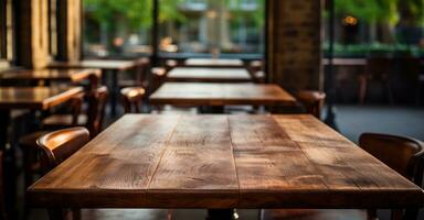 ai gegenereerd leeg houten tafels in restaurant, dichtbij omhoog schot foto