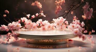 ai gegenereerd een wit circulaire tafel met roze bloemen bloem foto