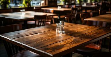 ai gegenereerd leeg houten tafels Bij een restaurant foto