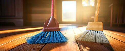 ai gegenereerd twee schoon dweilen bezem Aan een houten verdieping binnen huis foto