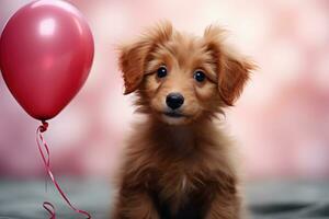 ai gegenereerd deze schattig puppy met een roze hart vormig ballon is Holding het, foto