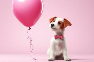 ai gegenereerd hond Holding roze hart hart vormig ballon foto