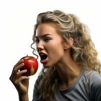 ai gegenereerd jong atletisch meisje aan het eten een appel geïsoleerd foto