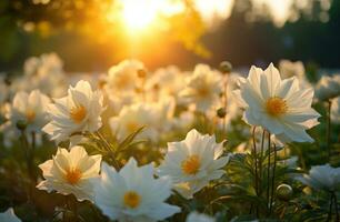 ai gegenereerd wit bloemen Bij zonsopkomst Aan een groen veld, foto