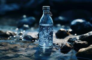 ai gegenereerd water fles met water laten vallen vallend op de grond foto