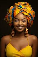 ai gegenereerd een glimlachen Afrikaanse schat vervelend een kleurrijk hoofdband foto