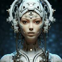 ai gegenereerd 3d renderen robot. 3d renderen hoofd portret van een robot vrouw. robot of cyborg vrouw Aan donker achtergrond. kunstmatig intelligentie- concept. foto