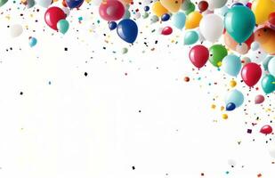 ai gegenereerd kleurrijk ballonnen en verjaardag geschenk Aan een wit tafel, foto