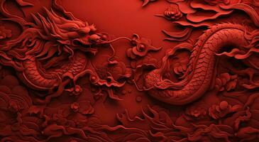 ai gegenereerd rood muur papier met Chinese stijl rood draak behang foto