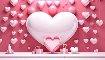 ai gegenereerd roze achtergrond met hart vorm Aan het en cadeaus foto