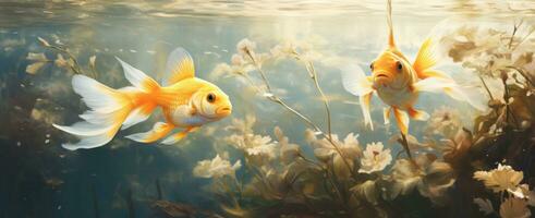 ai gegenereerd twee goudvis zwemmen onder een vijver met water vallend foto