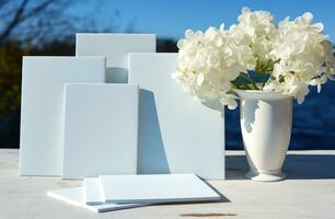ai gegenereerd wit kaarten zittend Aan een tafel De volgende naar wit bloemen foto