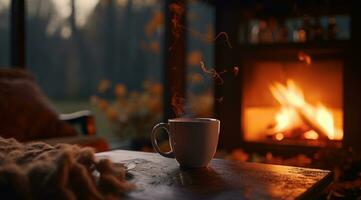 ai gegenereerd een kop van koffie is geplaatst in voorkant van een haard foto