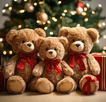 ai gegenereerd een foto van drie gevuld bears met Kerstmis bomen