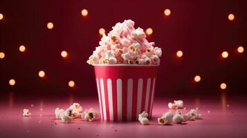 ai gegenereerd een kop van popcorn zittend Aan top van lichten en lichten foto