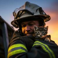 ai gegenereerd een opvallend beeld van een brandweerman redden een bang katje van een brandend gebouw foto
