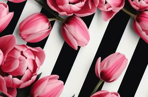 ai gegenereerd een arrangement van roze tulpen Aan zwart en wit gestreept achtergrond foto