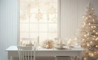 ai gegenereerd een wit dining tafel met Kerstmis decoraties in de achtergrond foto