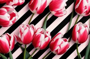 ai gegenereerd een arrangement van roze tulpen Aan zwart en wit gestreept achtergrond foto