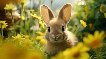 ai gegenereerd konijn op zoek direct Bij de camera, geel bloemen in de achtergrond foto