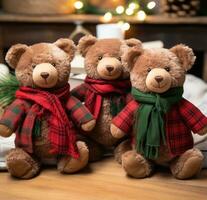 ai gegenereerd een foto van drie gevuld bears met Kerstmis bomen