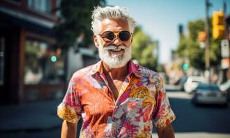 ai gegenereerd een ouder Mens in een bloemen overhemd staand Aan de straat foto