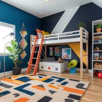 ai gegenereerd een pret kinderen kamer met een blauw accent muur, een houten zolder bed met een ladder foto