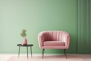 ai gegenereerd interieur met een zacht groen fauteuil Aan een roze muur achtergrond. 3d illustratie, 3d veroorzaken. generatief ai. foto