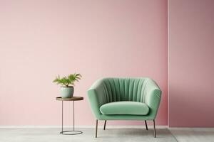 ai gegenereerd interieur met een zacht groen fauteuil Aan een roze muur achtergrond. 3d illustratie, 3d veroorzaken. generatief ai. foto