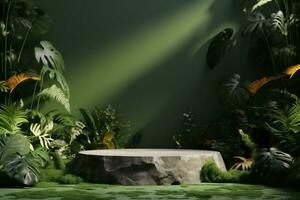 ai gegenereerd steen platform in tropisch Woud voor Product presentatie en groen muur.3d weergave. generatief ai. foto
