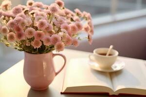 ai gegenereerd detailopname van klein roze bloemen boeket in glas vaas met wazig zacht gefocust achtergrond van roze kop van thee of koffie en geopend boek door de venster. langzaam leven concept. generatief ai. foto