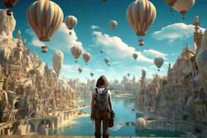 ai gegenereerd vrouw op zoek Bij fantasie landschap en heet lucht ballonnen vliegend in de lucht, ervaring verschillend reizen bestemmingen van een menselijk achterzijde visie perspectief, ai gegenereerd foto