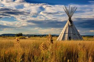 ai gegenereerd tribal Tipi in de prairie Bij zonsondergang, zuiden dakota, eerste landen tipi's Aan de Open prairies van noorden Amerika, ai gegenereerd foto