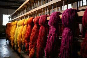 ai gegenereerd kleurrijk strengen van garen voor breiwerk in een textiel fabriek, verven stoffen en garen in een productie boerderij, ai gegenereerd foto