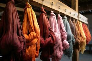 ai gegenereerd kleurrijk zijde garen hangende Aan de rek in een textiel fabriek, verven stoffen en garen in een productie boerderij, ai gegenereerd foto