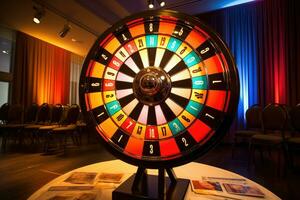 ai gegenereerd roulette wiel in casino, casino roulette wiel met nummers, fortuin wiel voor een verkoop promo evenement, ai gegenereerd foto