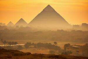 ai gegenereerd Egyptische piramides in Gizeh Bij zonsopkomst, Cairo, Egypte, Egypte, Cairo - Gizeh, algemeen visie van piramides en stadsgezicht van de Gizeh plateau, ai gegenereerd foto