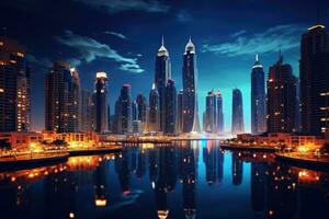 ai gegenereerd Dubai jachthaven Bij nacht in dubai, vae. Dubai was de snelste ontwikkelen stad in de wereld tussen 2002 en 2008, Dubai stad door nacht, ai gegenereerd foto