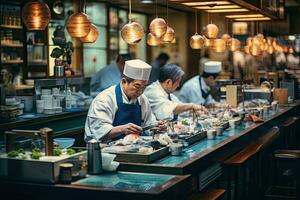 ai gegenereerd Japans chef voorbereidingen treffen sushi in een restaurant. Japans chef decoreren sushi, ai gegenereerd foto