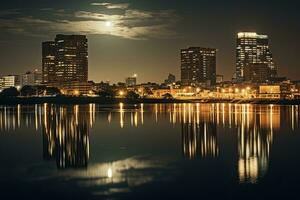 ai gegenereerd stadsgezicht Bij nacht met reflectie in de meer, Bangkok, Thailand, ai gegenereerd foto