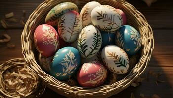 ai gegenereerd veel gekleurde eieren in een houten mand Aan een houten grond foto