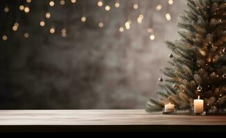 ai gegenereerd leeg dining tafel in dining kamer met een Kerstmis boom foto