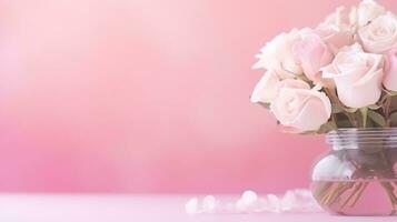 ai gegenereerd roze pastel valentijnsdag dag achtergrond met kopiëren ruimte en gerbera bloemen in glas vaas foto