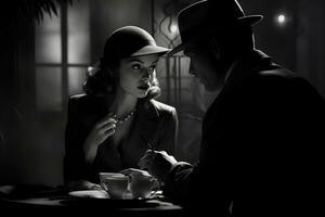 ai gegenereerd retro paar in cafe Bij nacht. zwart en wit foto, 1940 film noir detective tafereel, ai gegenereerd foto