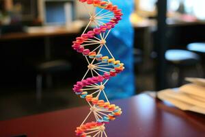 ai gegenereerd dna molecuul model- Aan tafel in kantoor, wetenschap en onderwijs concept, een 3d model- van een dna strand in biologie klas, ai gegenereerd foto